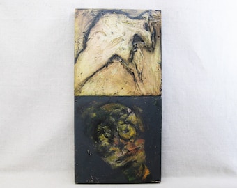 Surreal Male Portrait Painting on Wooden Panel Original, Vintage Wall Art Frank Shelton Housewarming Gift