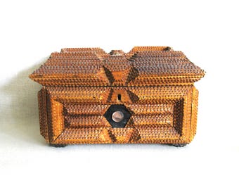 Tramp Folk Art Sewing Box, Antique Cigar Box Chipped Wood, Storage and Organization