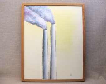 Industrial Landscape Painting Original Wall Art Urban Smokestack Architecture Contemporary Home Décor