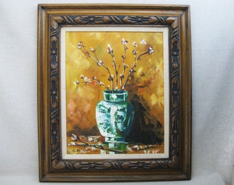 Vintage Floral Still Life Painting Mid-Century Asian Style Framed Original Fine Art Wall Décor Housewarming Gift