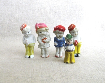 Vintage Bisque Penny Dolls Trio of Ceramic Children, Miniatures, Marked Japan