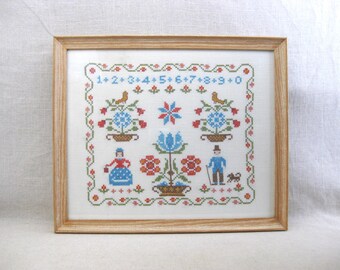 Folk Art Cross Stitch Sampler, Hand Embroidered Cottage Wall Art Décor