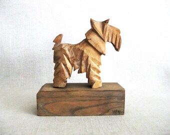 Vintage Folk Art Dog Carving Wooden Sculpture, Terrier Schnauzer, Animal