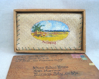 Tropical Clutch, Woven Palm Ladies Handbag, Hand Painted Purse 1940s
