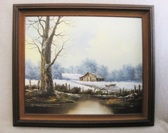 Large Winter Landscape Painting, Framed Original Vintage Wall Art, Signed P Dawson Rustic Cabin Home Décor