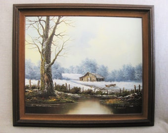 Large Framed Winter Landscape Vintage Painting, Rural Barn Framed Original Fine Art, Signed P Dawson