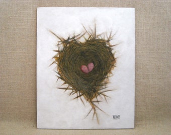 Original Birds Nest Painting Heart Shaped Framed Fine Art Ornithologist Library Décor Romantic Love Housewarming Gift