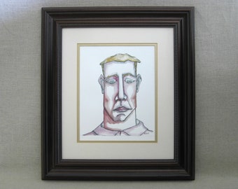 Original Modern Male Portrait Watercolor Painting, Framed Masculine Wall Art Contemporary Décor