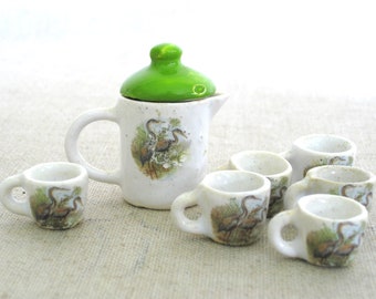 Ceramic Miniature Dollhouse Teapot and Cups, Vintage Kitchen Dishes with Bird Design Home Décor