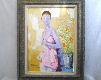 Mid-Century Vintage Female Portrait Large Framed Original Fine Art Modern Wall Décor