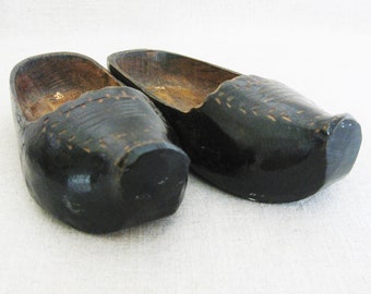 Vintage Clogs Miniature Wooden Hand Carved Folk Art Shoes