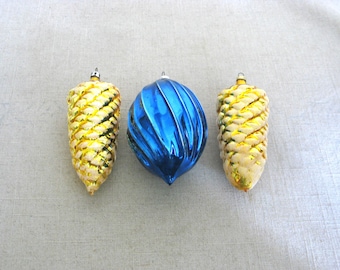 Vintage Glass Gold Pinecone Christmas Ornament Collection, European West Germany Blue Holiday Décor