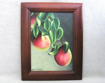 Hanging Fruit Still Life Painting, Original Framed Peaches on Branch, Vintage Wall Art Kitchen Home Décor