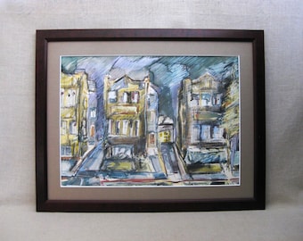 Vintage Urban Landscape Painting, Architectural Greystone Framed Original