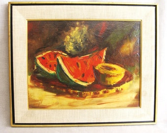 Mid-Century Vintage Fruit Still Life Painting Watermelon Framed Original Fine Art in Classic Period Frame