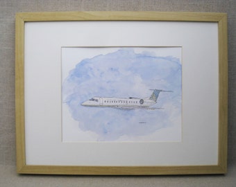 Vintage Airplane Watercolor Painting J Thompson Framed Original Fine Art Man Cave Decor