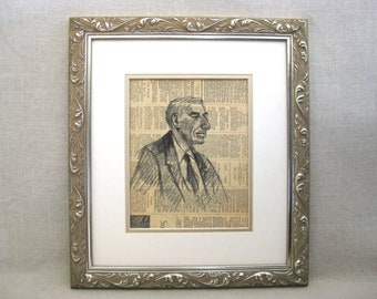 Mid-Century Male Portrait Drawing, Framed Original Wall Art, Masculine Home Décor