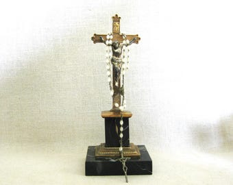 Vintage Standing Cross, Brass on Marble Base Home Altar Décor