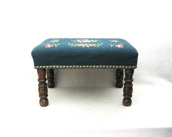 Vintage Needlepoint Footstool, Floral Antique Design Granny Chic