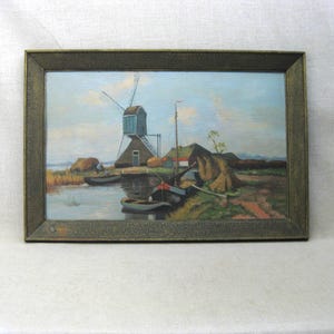 European Windmill Landscape Antique Oil Painting, Original Dutch Style Framed Wall Art Rustic Home Décor