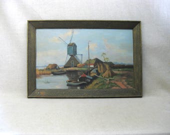European Windmill Landscape Antique Oil Painting, Original Dutch Style Framed Wall Art Rustic Home Décor