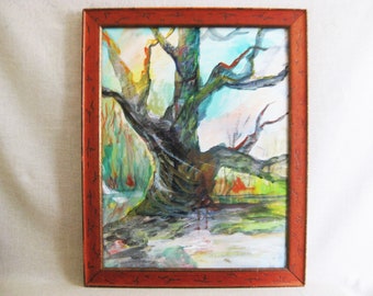 Vintage Landscape Watercolor Tree Painting, Framed Original Fine Art