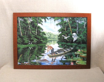 Large Tropical Landscape Painting, Original Framed Male Portrait, Crane Birds Beach House Décor