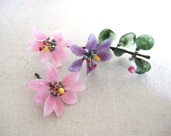 Vintage Pink and Purple Glass Flowers on Stem, Floral Supplies, Arts and Craft, Assemblage
