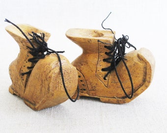 Vintage Miniature Wooden Shoe Folk Art Carving Boot Sculpture Tree Ornaments Primitive Rustic Décor