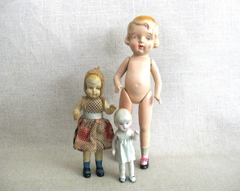 Vintage Bisque Doll Collection, Trio of Ceramic Japan Female Figure Toys Nursery Décor