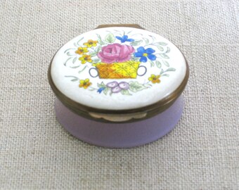 Vintage Pill Box, Crummel's English Enameled, Floral Bouquet Design, Small Hostess Gifts