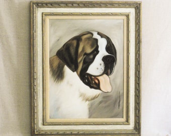 Large Vintage Saint Bernard Dog Portrait Painting, Framed Original Oil signed James Eugene Pearson