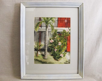 Vintage Tropical Landscape Watercolor Painting with Palm Trees and Architecture Framed Original Tropical Décor