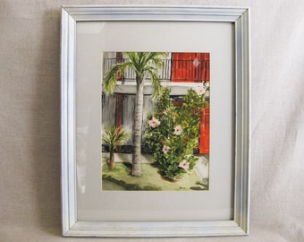 Tropical Landscape Watercolor Painting, Framed Original Palm Trees and Mid-Century Architecture, Vintage Beach House