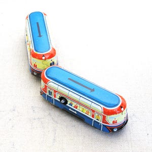 Vintage Bus Tin Wind Up Double Toy, Metal Train Cars Litho Printed Antique Man Cave and Nursery Décor