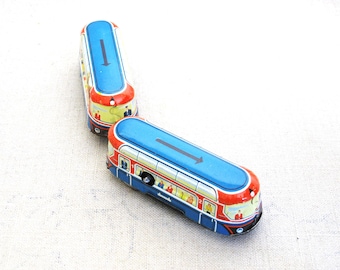 Vintage Bus Tin Wind Up Double Toy, Metal Train Cars Litho Printed Antique Man Cave and Nursery Décor