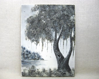 Vintage Landscape Painting of Tree in High Contrast 3-Dimensional Wall Art Unframed Home Décor