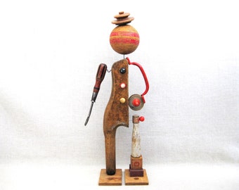 Folk Art Assemblage Male Portrait Wood Sculpture Vintage and Antique Components Rustic Cabin Décor