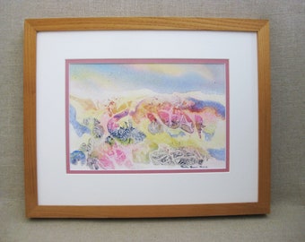 Vintage Abstract Watercolor Painting Framed Original Fine Art, Signed Bobbie Brown