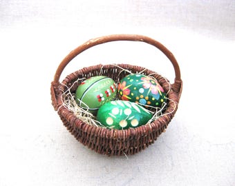 Painted Wooden Eggs in Vintage Basket, Easter Décor, Small Hostess Gift