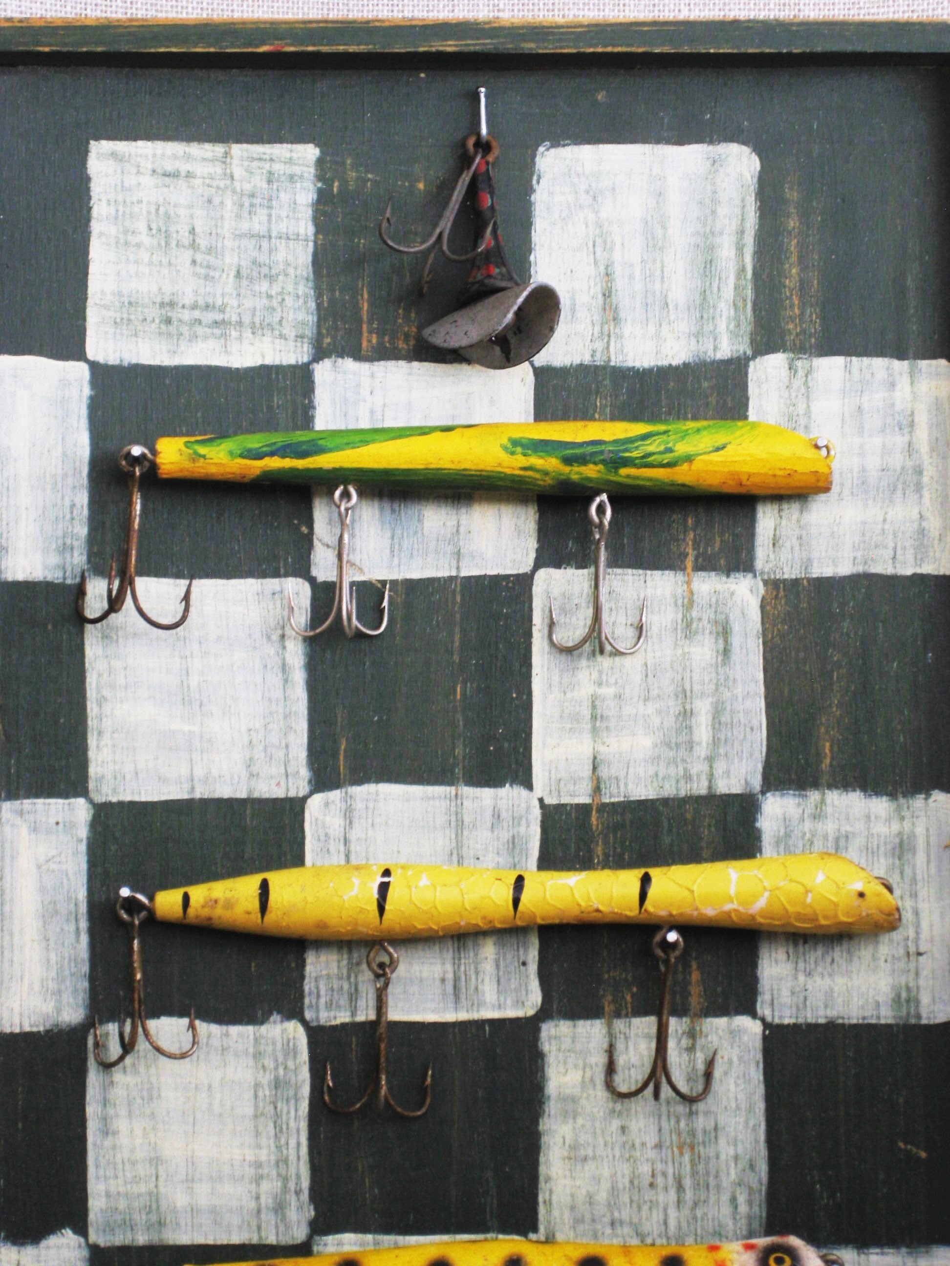 Vintage Folk Art Handmade Fishing Lure Collection, Antiques, Mounted on