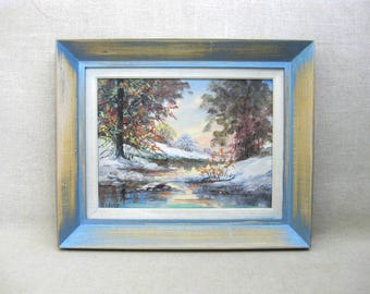 Snowy Winter Landscape Painting Original Oil, Framed Wall Art Nature Home Décor Signed BH Dulcie