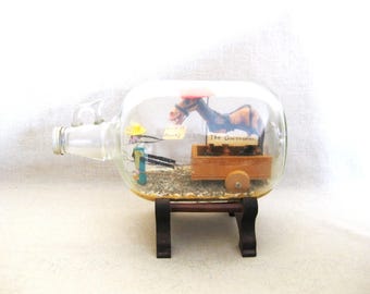Vintage Folk Art Bottle Whimsy Sculpture, Horse and Buggy Government Satire, Tramp Art Man Cave Home Décor Gift