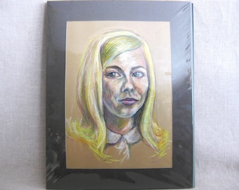 Mid-Century Female Portrait Drawing, Original Vintage Pastel Fine Art Wall Décor