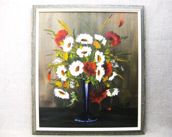 Mid-Century Floral Still Life Painting, Original Framed Wall Art Rustic, Signed Lilly P Flower