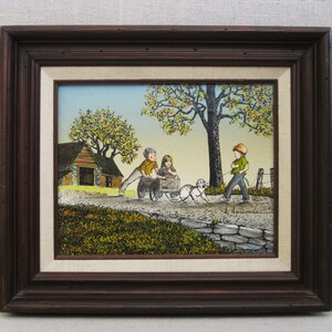 Landscape Child Portrait Painting, Signed Hargrove, Architectural Framed Vintage Serigraph Print on Canvas