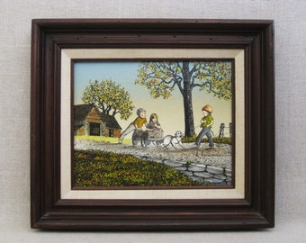 Landscape Child Portrait Painting, Signed Hargrove, Architectural Framed Vintage Serigraph Print on Canvas