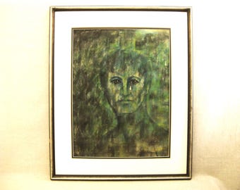 Vintage Surreal Male Portrait Drawing, Original Pastels Framed Large Wall Art, Home Décor of Men
