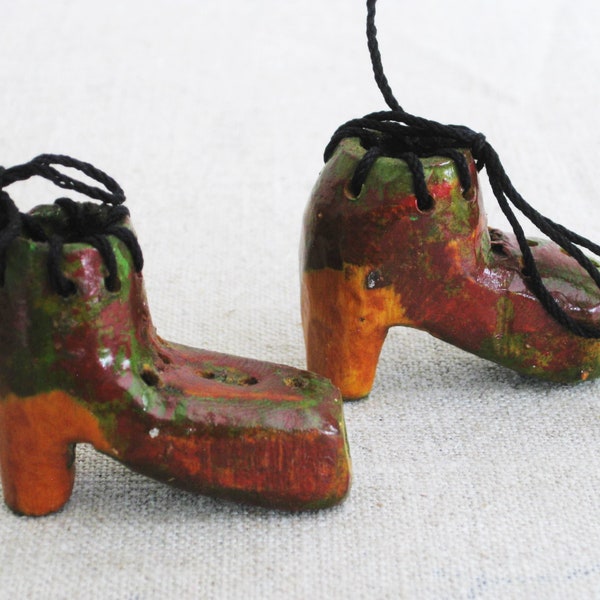 Vintage Miniature Boots, Wooden Shoe, Folk Art Carving, Boot Sculpture, Pair, Primitive Rustic Decor
