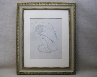 Original Female Nude Vintage Portrait Drawing Framed Pencil on Paper Figural Original Fine Art